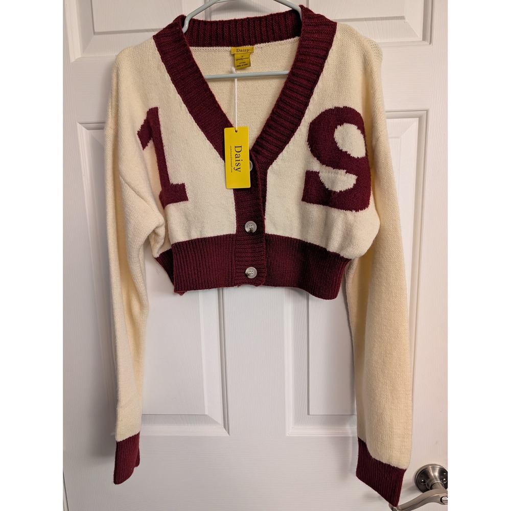 Daisy Cropped Varsity Cardigan Sweater M Cream Burgundy 19 Graphic V-Neck NWT